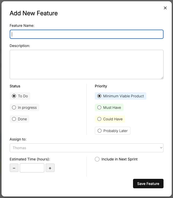 The modal to add a feature